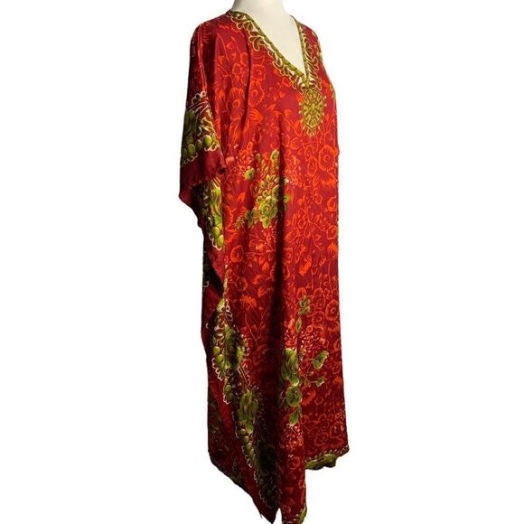 Miss Lavish Kaftan Muumuu Maxi Dress 14-18 Red Floral V Neck Resort Wear Boho - Picture 5 of 6